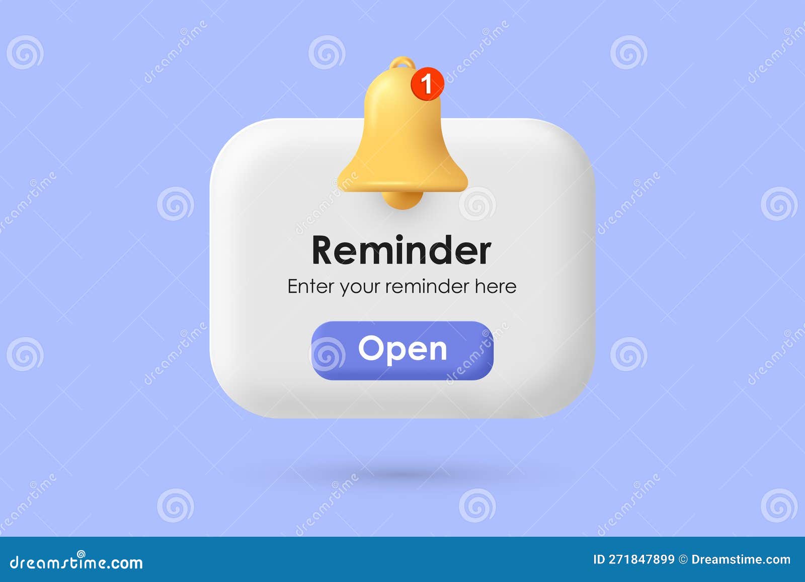3d reminder. notification page with 3d bell and button. new notification of reminder for app